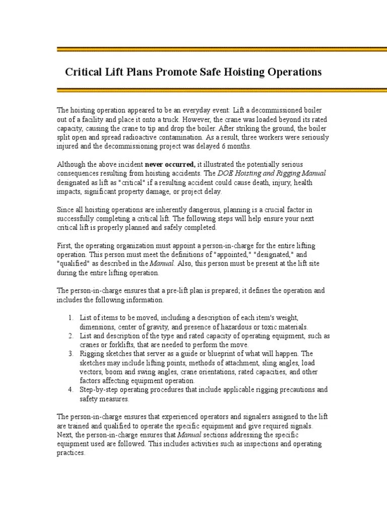 Critical Lift Plans Promote Safe Hoisting Operations Download Free