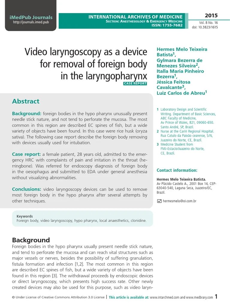 Video laryngoscopy as a device for removal of foreign body in the laryngopharynx Medicine