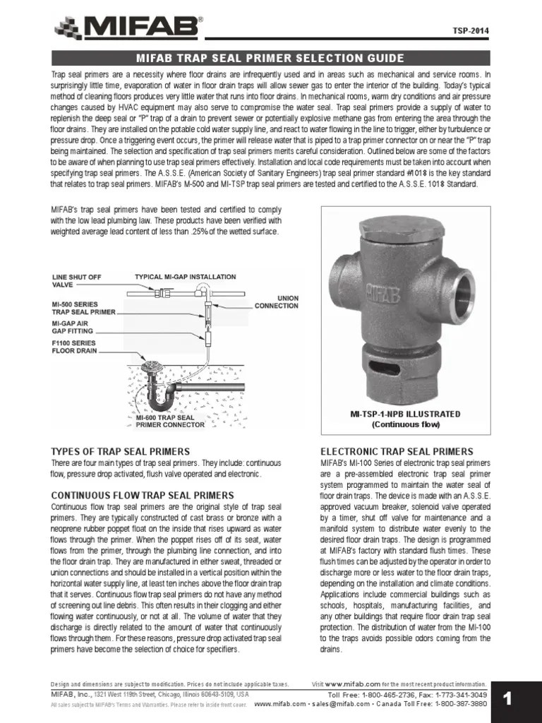 TSP2014 Trap Seal Primer Selection Guide Valve Sanitary Sewer