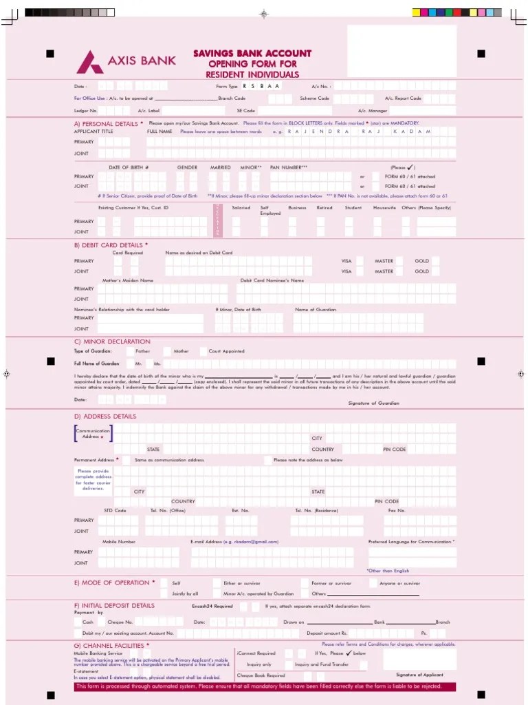 Axis Saving Ac Opening Form Debit Card Cheque