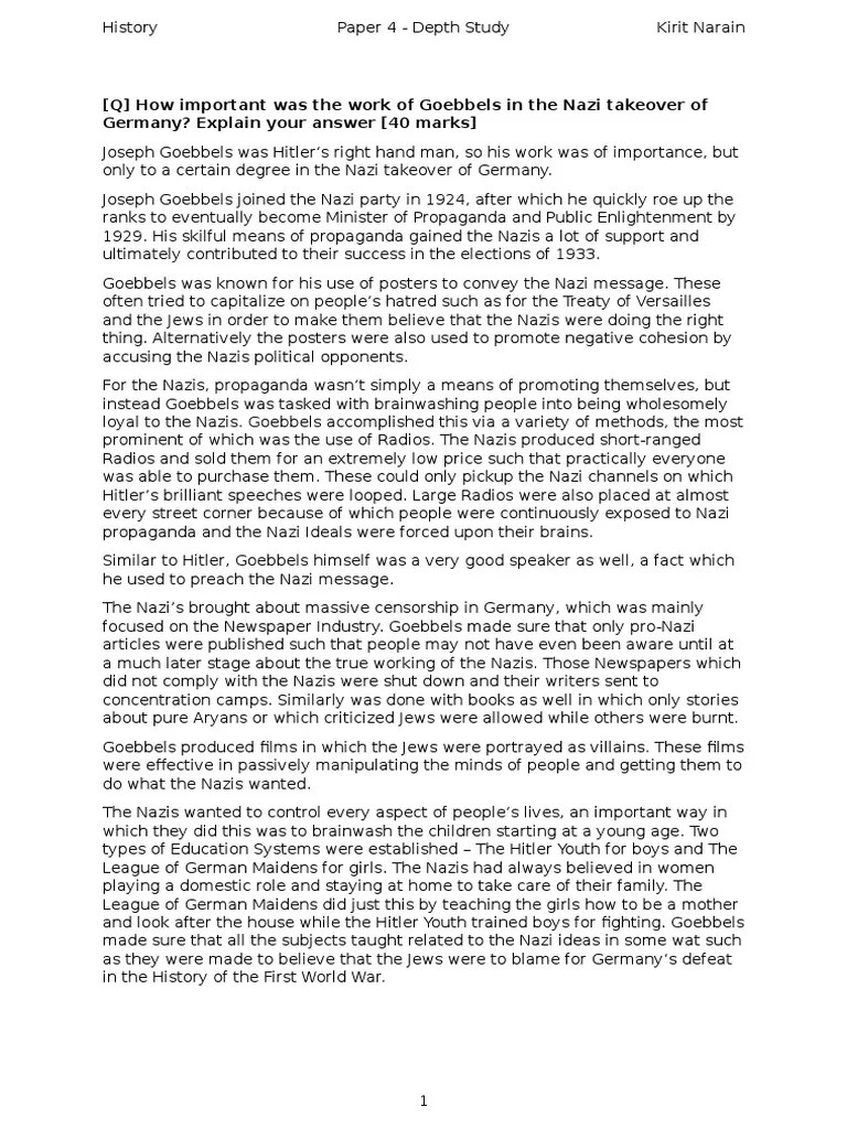 IGCSE History Depth Study Sample Answer Nazi Germany Joseph Goebbels
