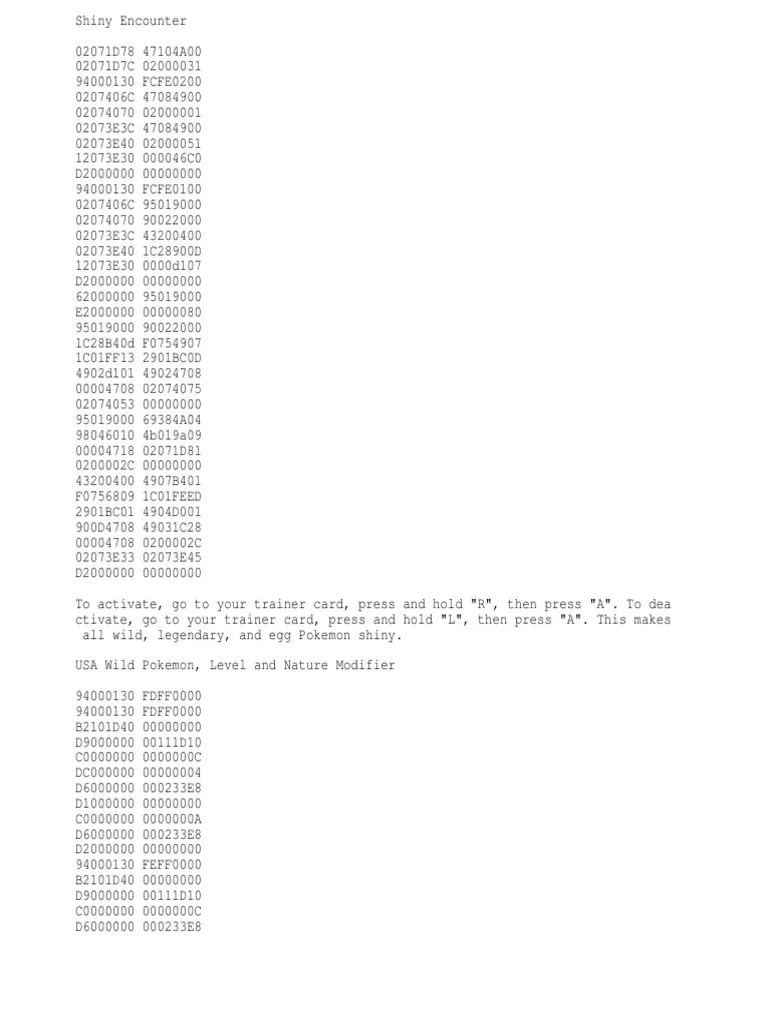Pokemon Platinum Action Replay Codes PDF Nintendo Pokémon