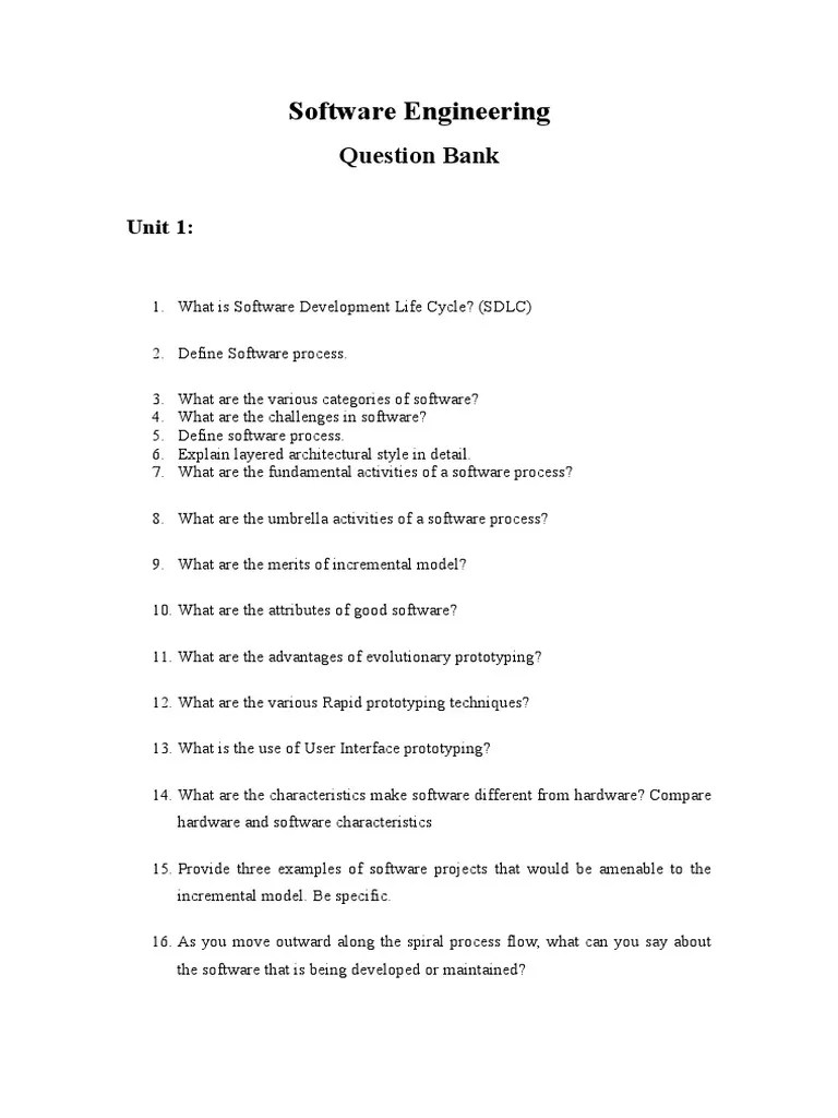 Software Engineering Question Bank Covering Software Development Life