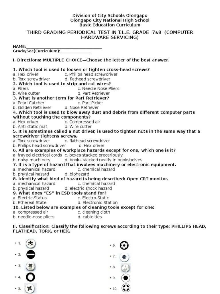3rd Grading Periodical Test in in TLE 7&8 Computer Hardware Servicing