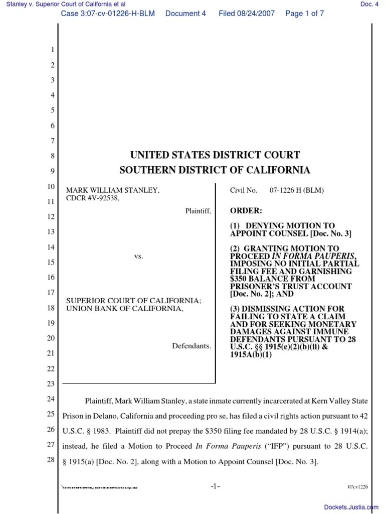 Stanley v. Superior Court of California Et Al Document No. 4 PDF