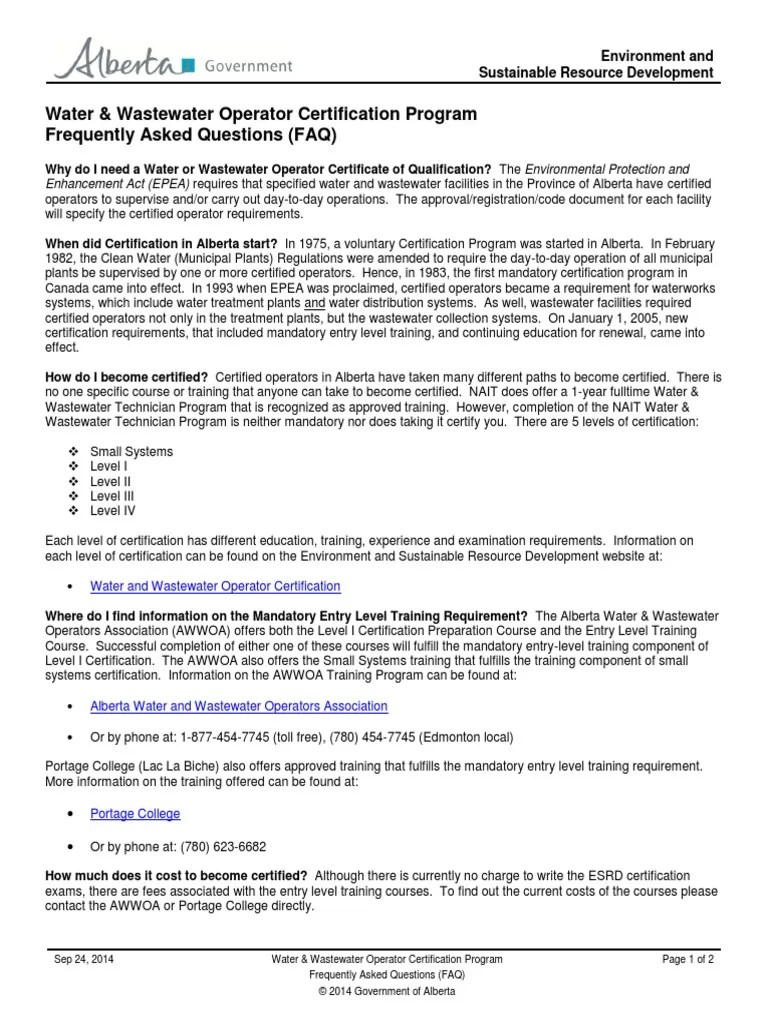 Waste Water Operator Certification Fa Q General Educational