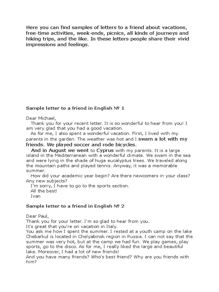 Here You Can Find Samples of Letters To A Friend About Vacations Leisure