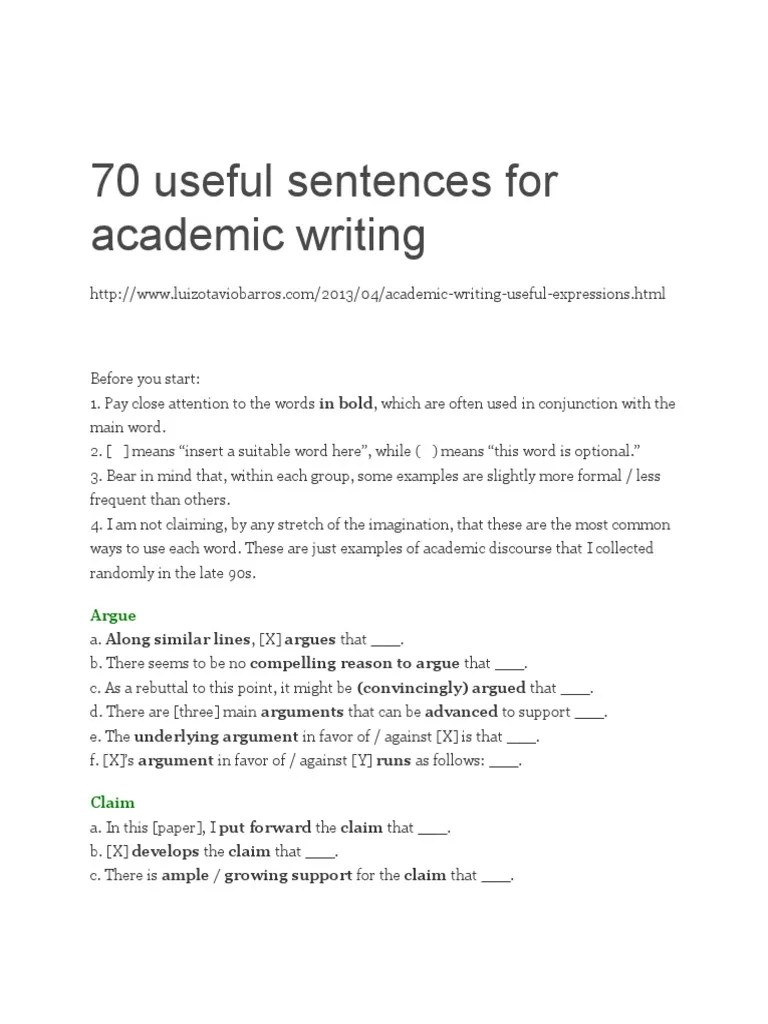 70 Useful Sentences for Academic Writing Argument Truth