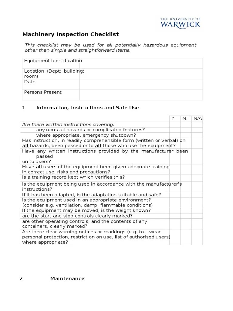 Machinery Inspection Checklist PDF Safety Hazards