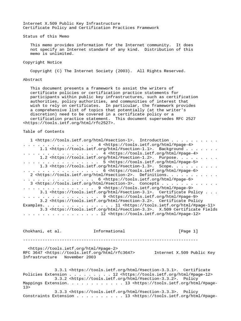 RFC 3647 X.509 Public Key Infrastructure Certificate Policy