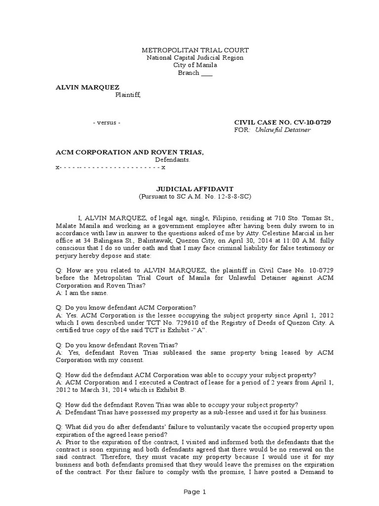 Unlawful Detainer Judicial Affidavit PDF Affidavit Perjury