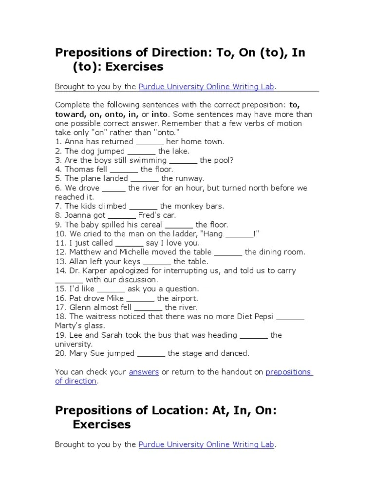 Prepositions Of Direction | Pdf