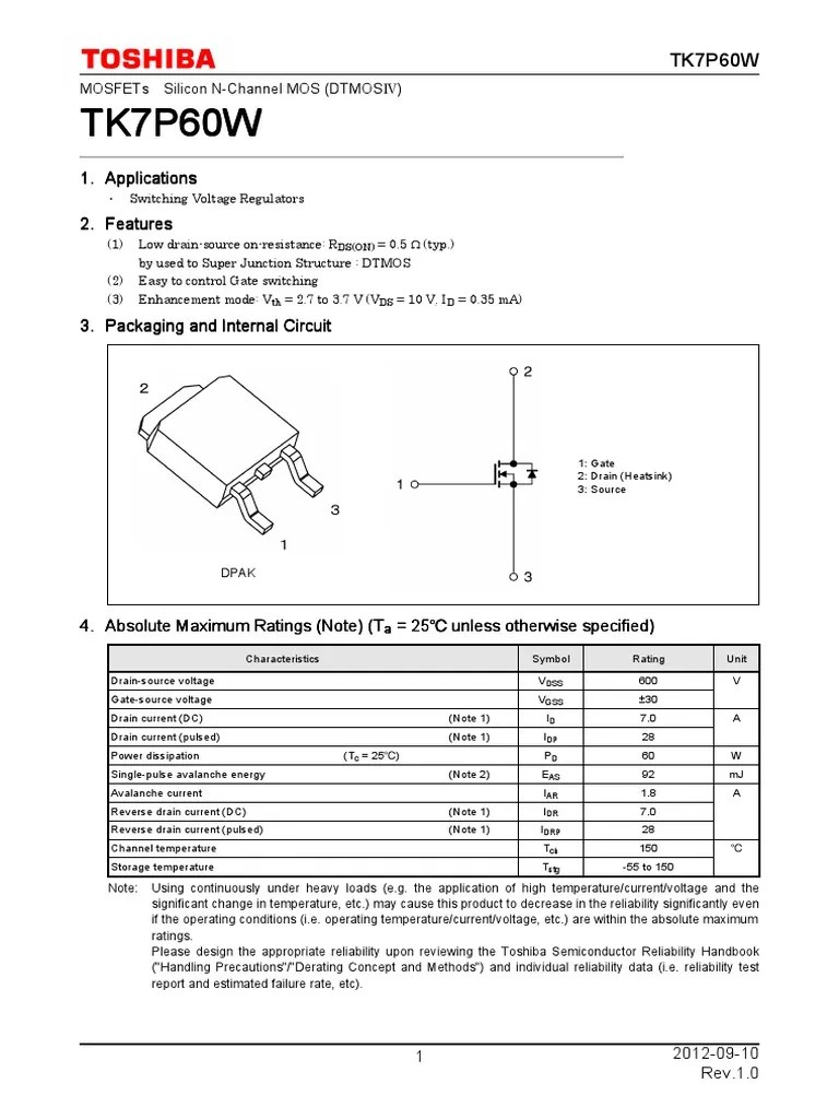 datasheet tk7p60w Field Effect Transistor Mosfet