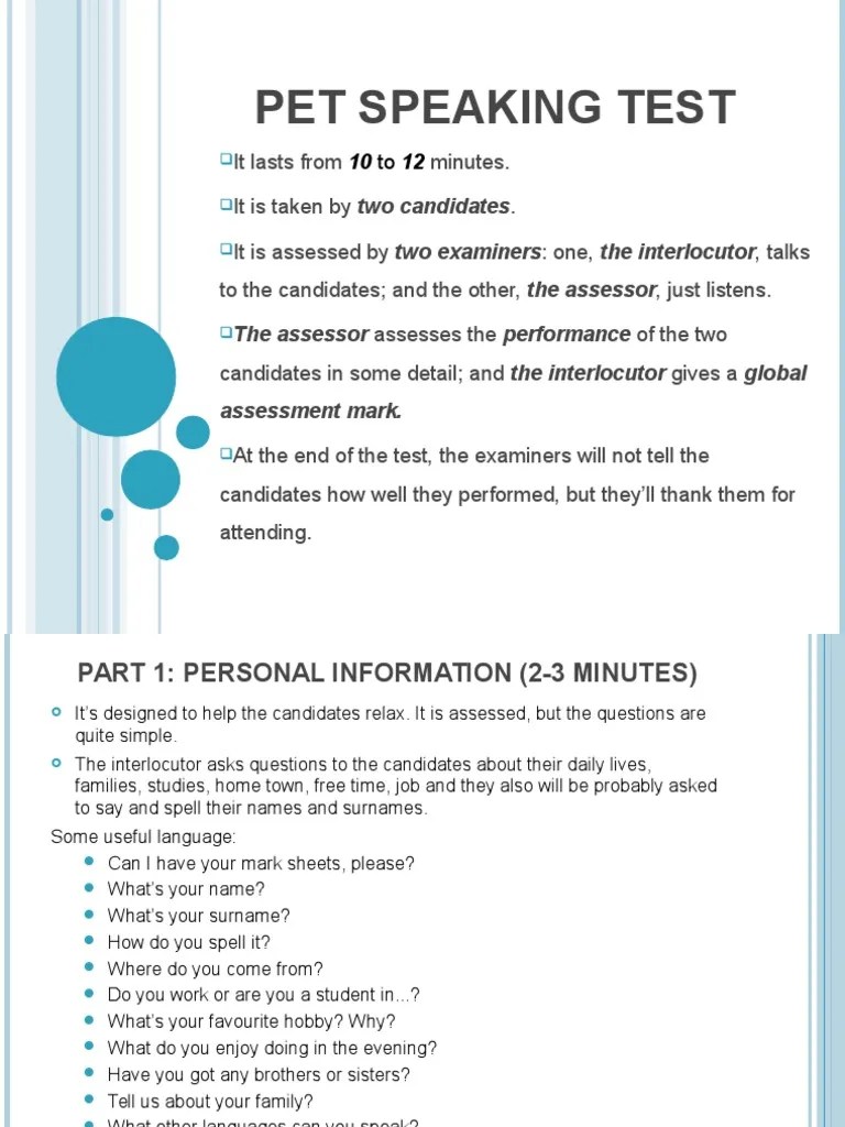 Pet Speaking Exam Test (Assessment)