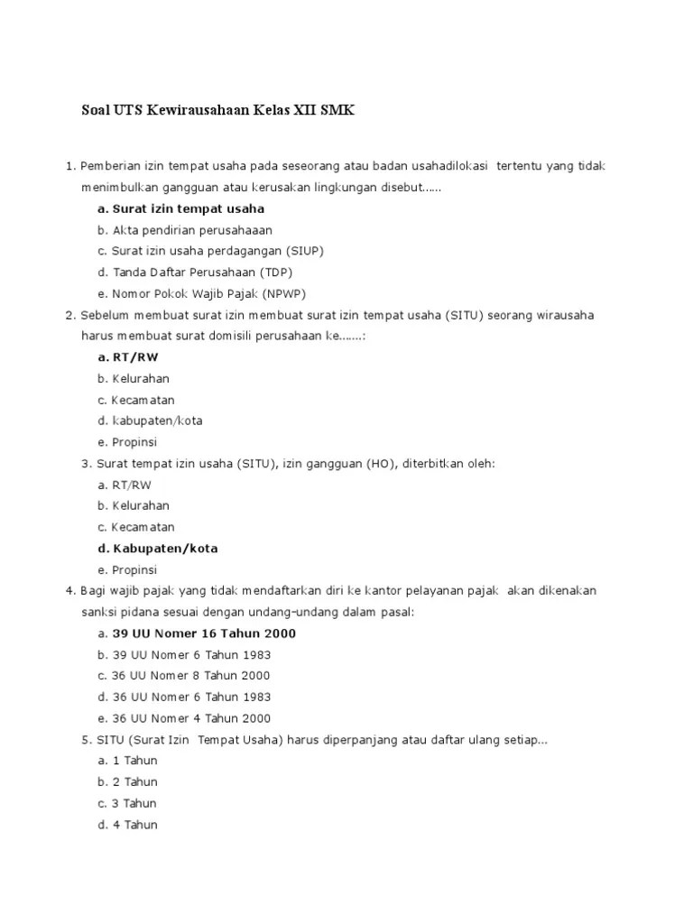 Soal Dan Jawaban Uts Kewirausahaan Kelas 12 - Kumpulan Contoh Surat Dan Soal Terlengkap