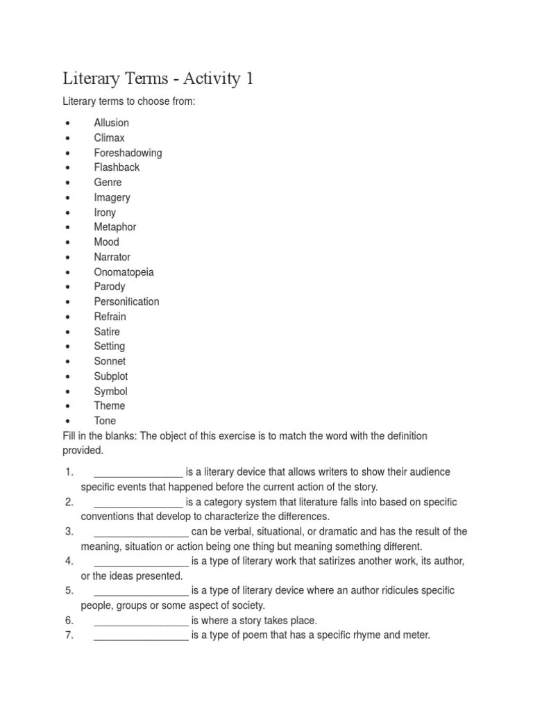 literary terms worksheet | Poetry | Fiction & Literature