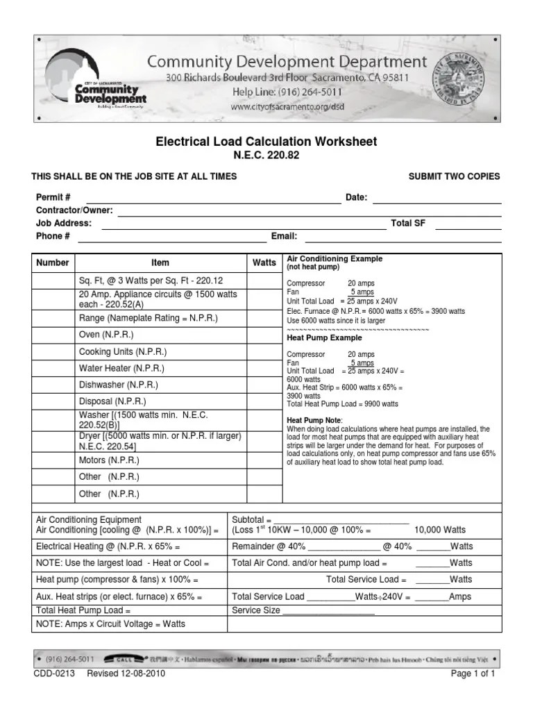 Electrical Load Worksheet PDF