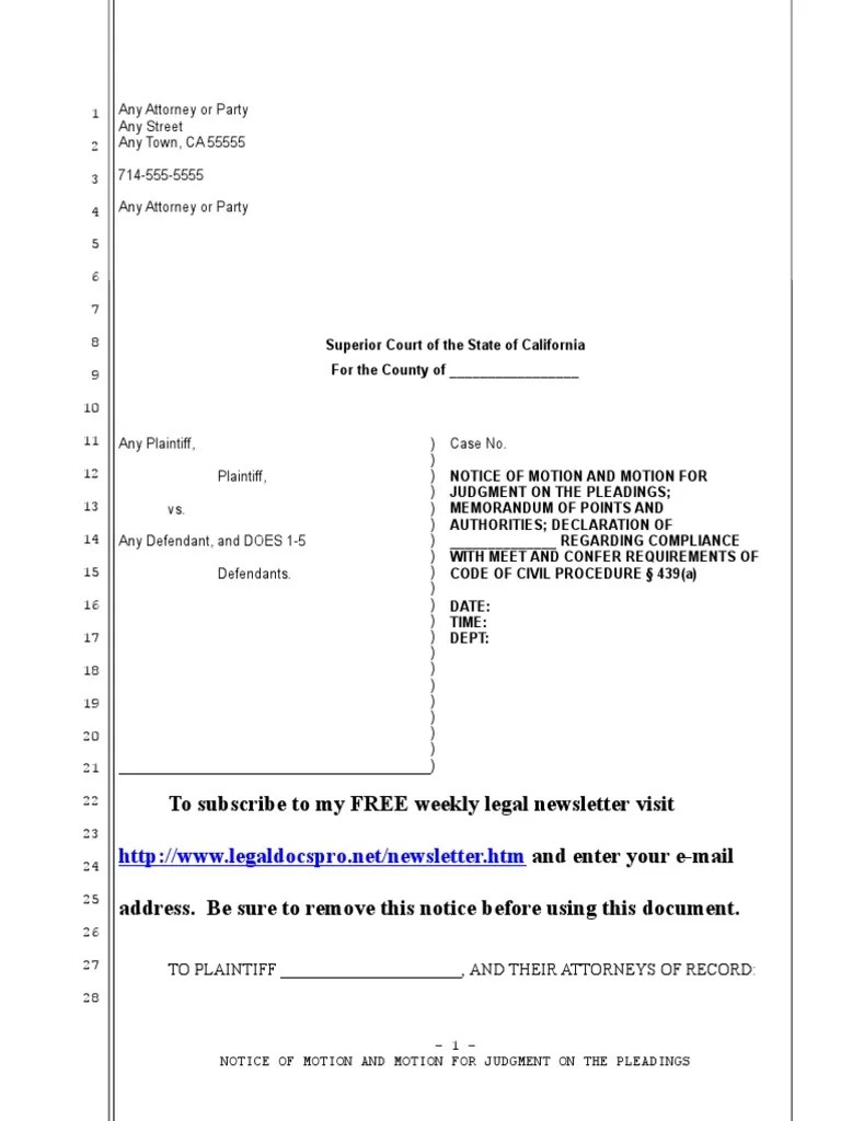Sample California Motion for Judgment on the Pleadings for Defendant