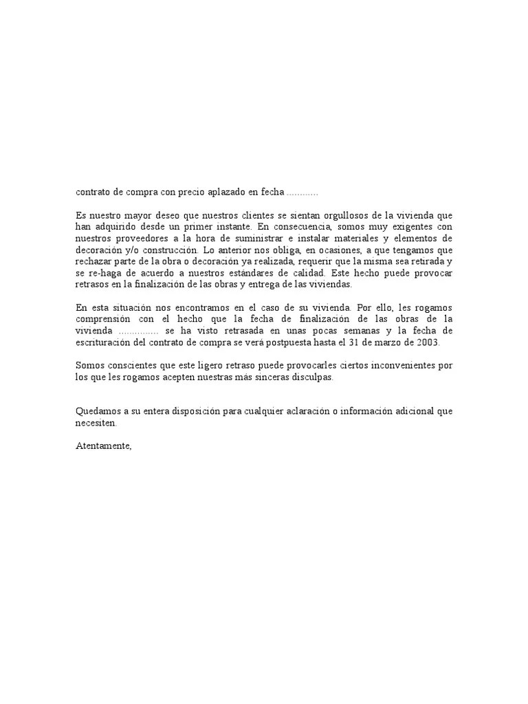Carta Comunicando Retraso Entrega Vivienda