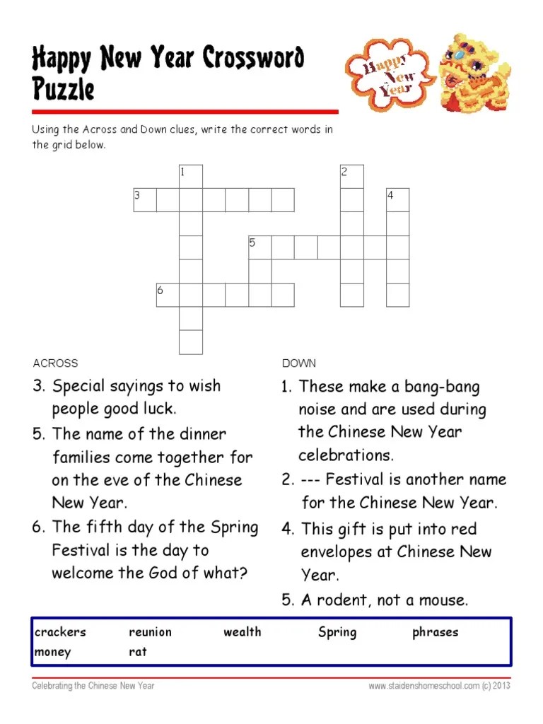 Chinese New Year Worksheet with Answer Key Crossword Puzzle