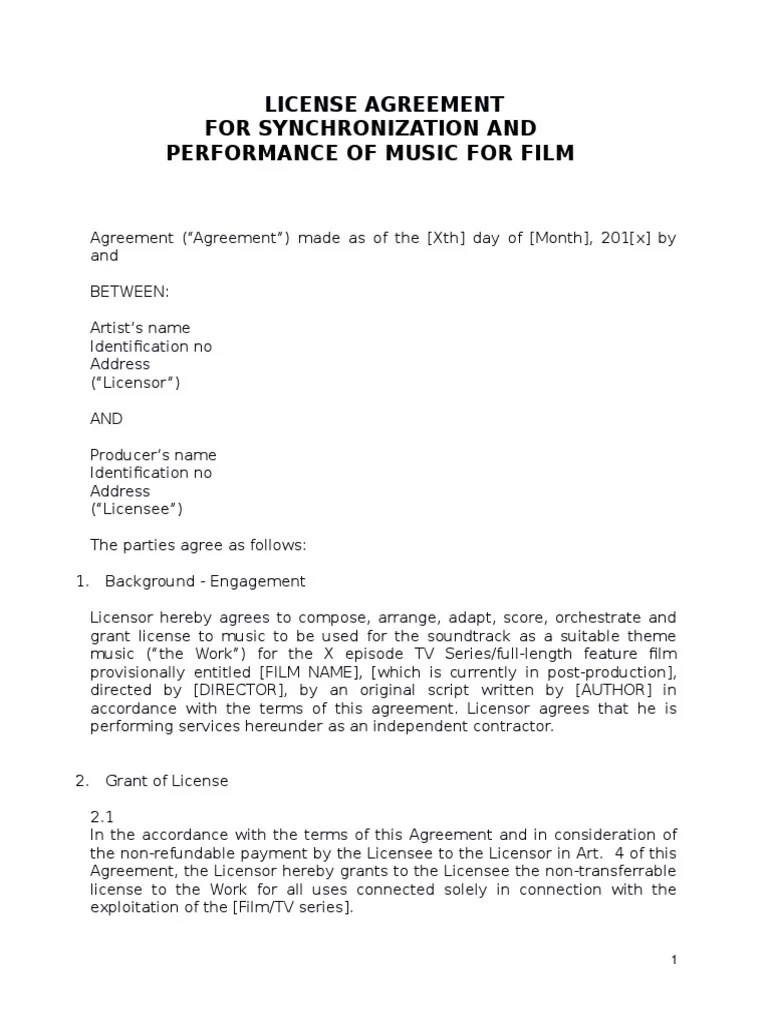 License Agreement Music for Film Indemnity License