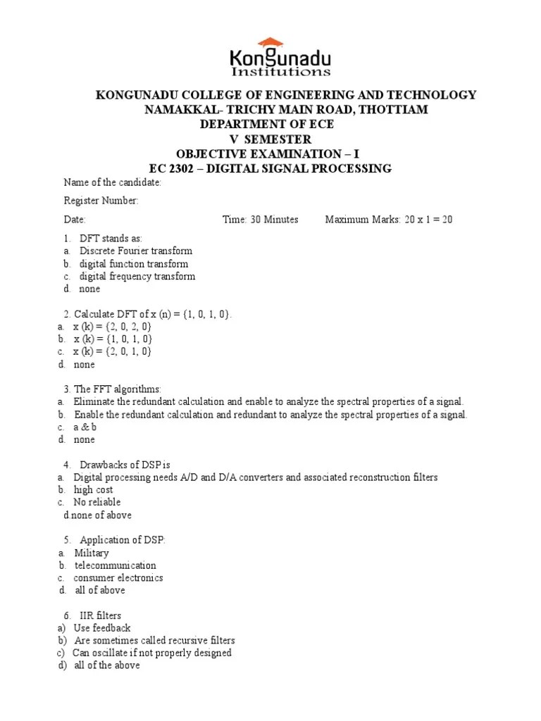 DSP Objective Questions PDF Digital Signal Processing Signal