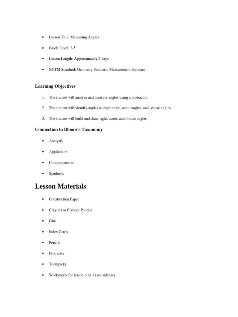 Measuring Angles Lesson Plan PDF Angle Educational Assessment