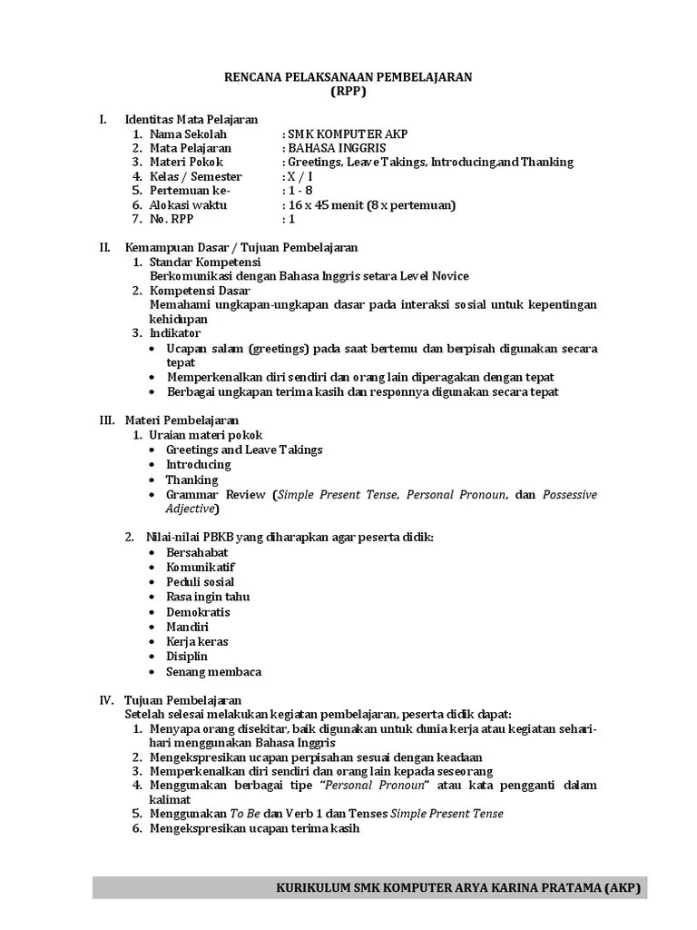 RPP Bahasa Inggris Kelas X Semester 1