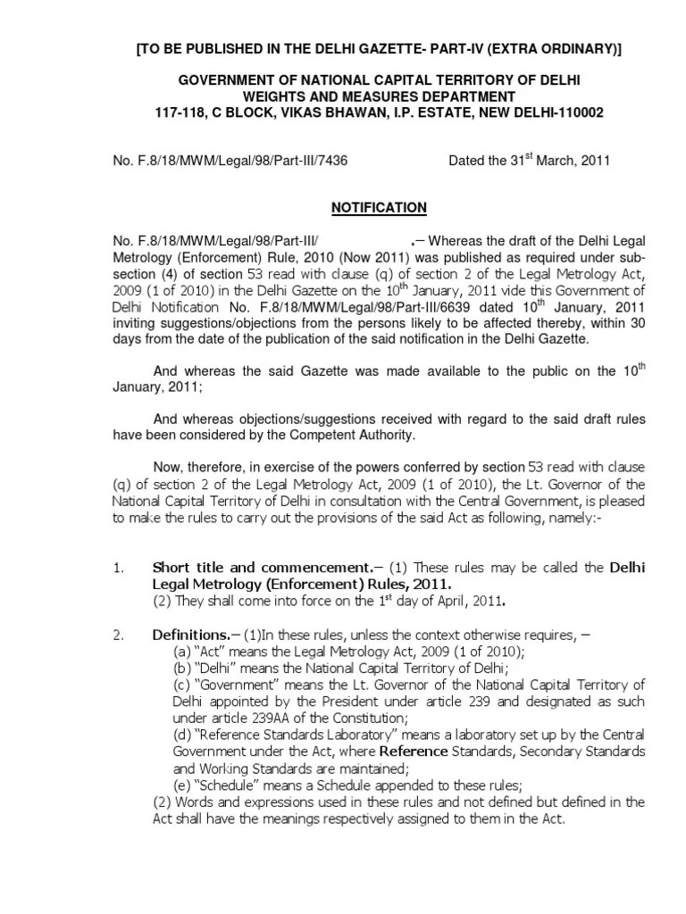 Delhi Legal Metrology Enforcement Rules 2011 Metrology
