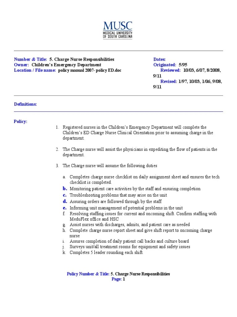 Charge Nurse Responsibilities PDF Emergency Department Nursing