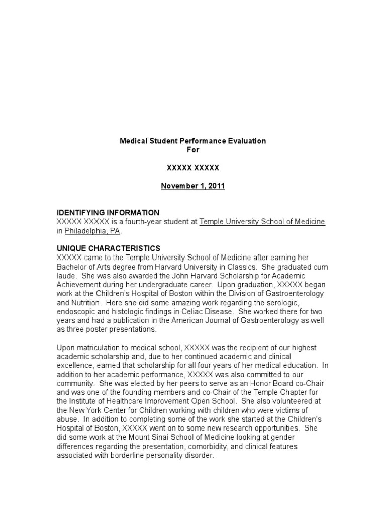 MSPE Sample Letter Medical School Empathy