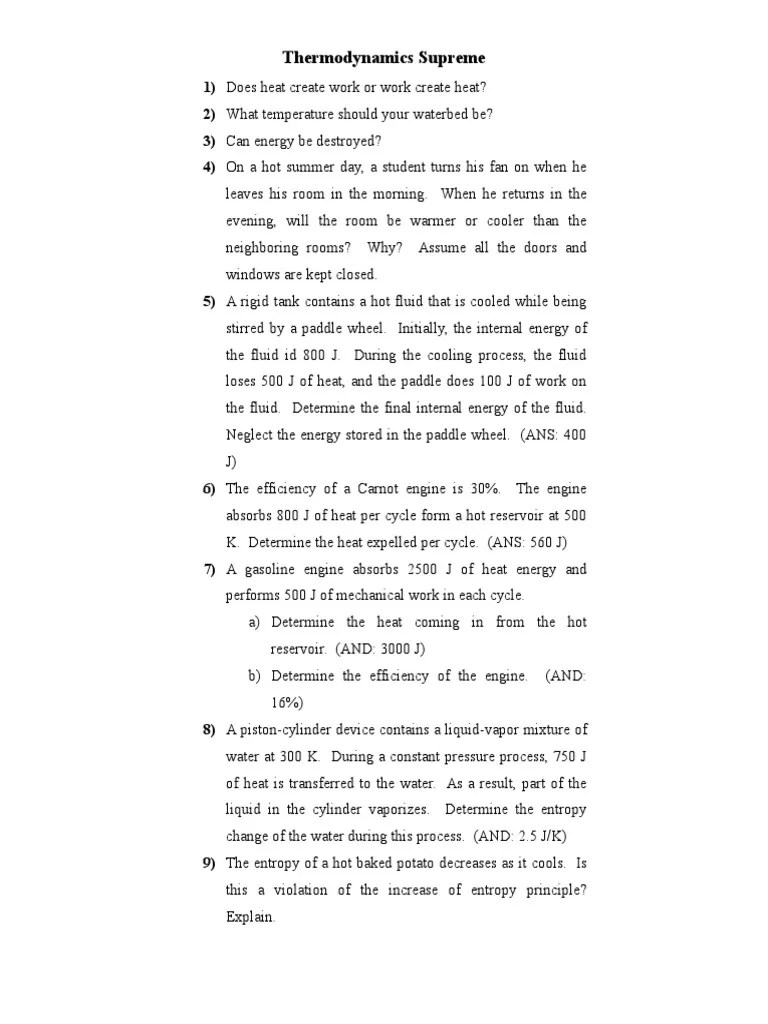 Another Thermodynamics Worksheet PDF Entropy Heat