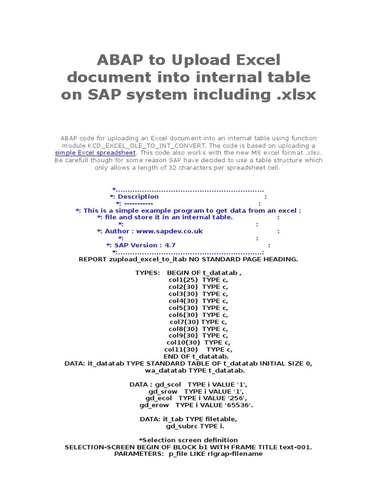 ABAP To Upload Excel Document Into Internal Table On SAP System