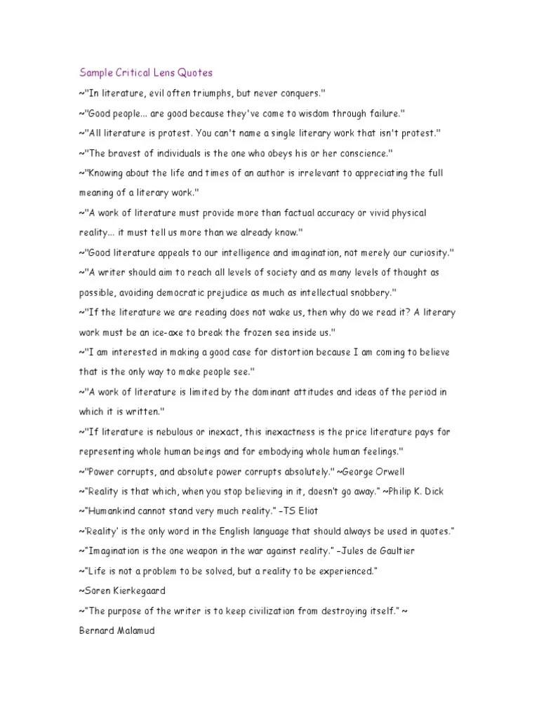 sample critical lens quotes Fiction & Literature