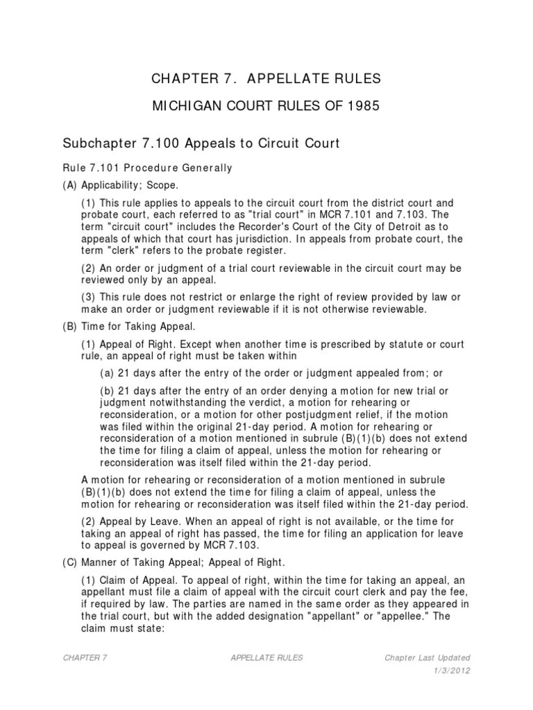 Chapter 7 Appellate Rules Michigan Court Rules of 1985 Brief (Law