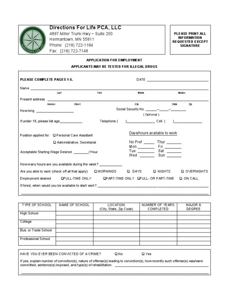 employment application pca Background Check Employment