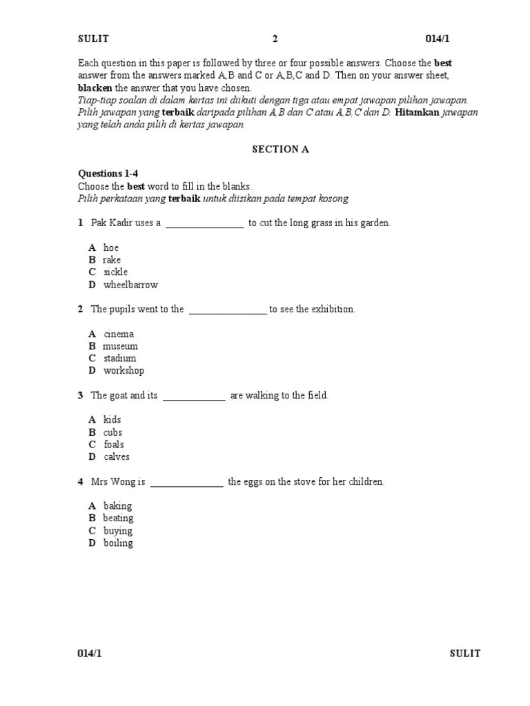 Soalan ENGLISH BI Bahasa Inggeris Tahun 5 Paper 1 Languages