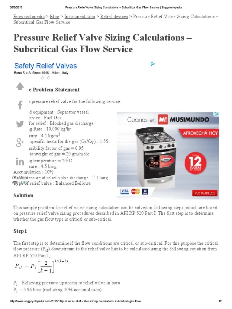 Pressure Relief Valve Sizing Calculations Subcritical Gas Flow