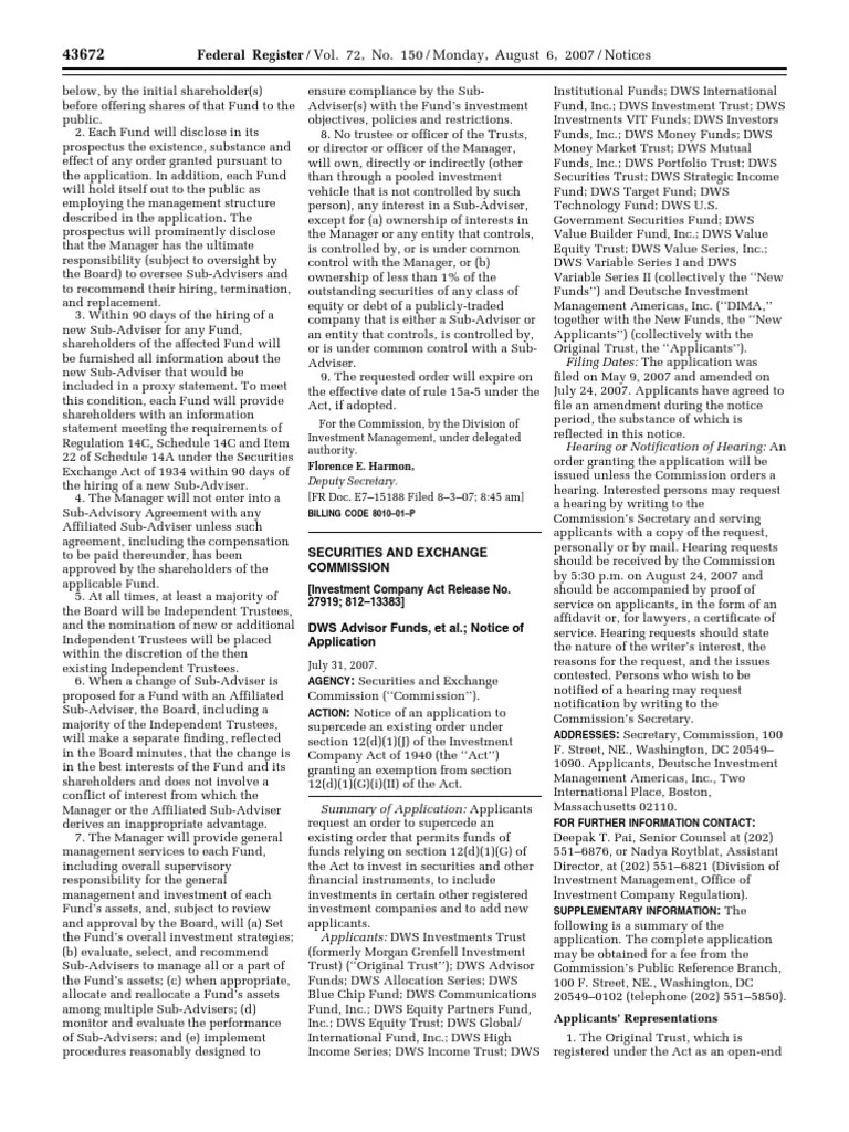 Notice Investment Company Act of 1940 DWS Advisor Funds