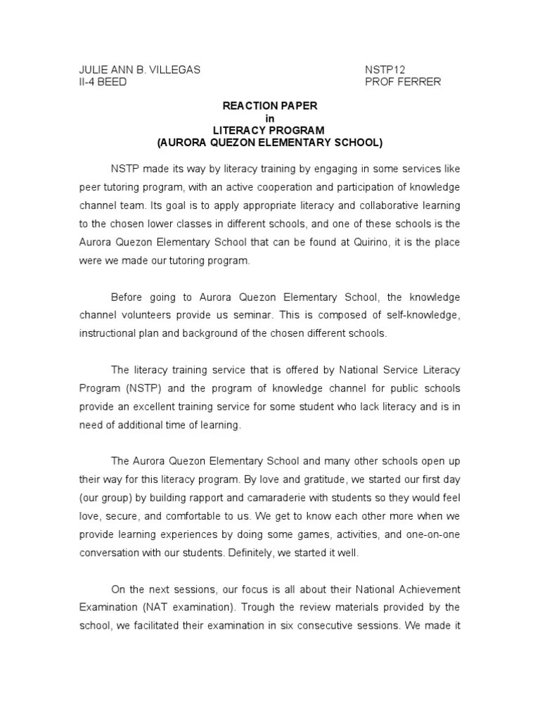 NSTP Reaction Paper PDF Part Of Speech Education Theory