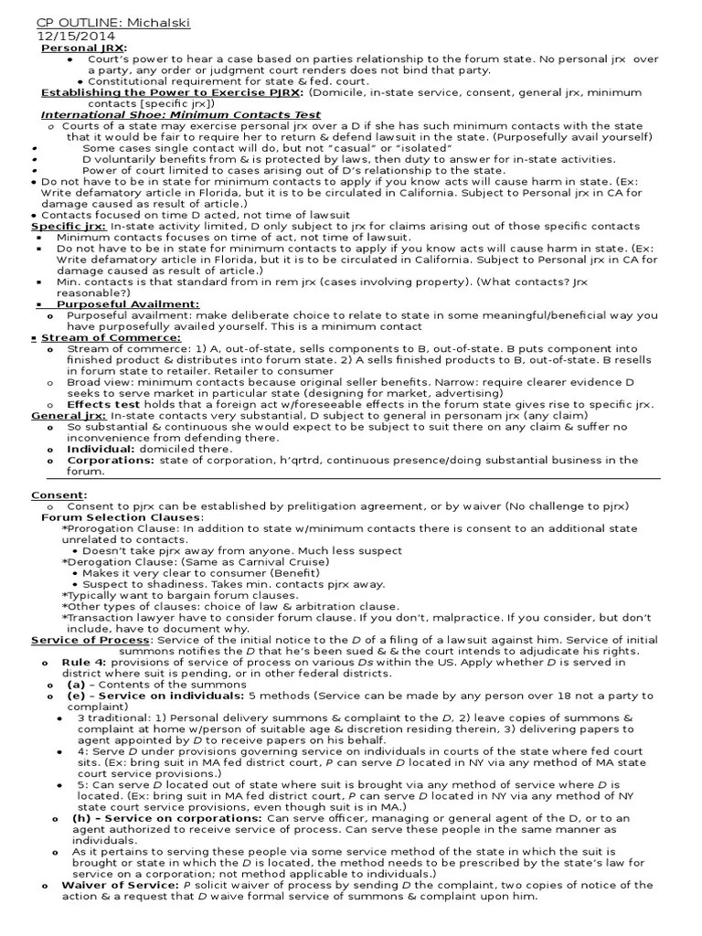 Civ Pro Outline PDF Federal Rules Of Civil Procedure Service Of