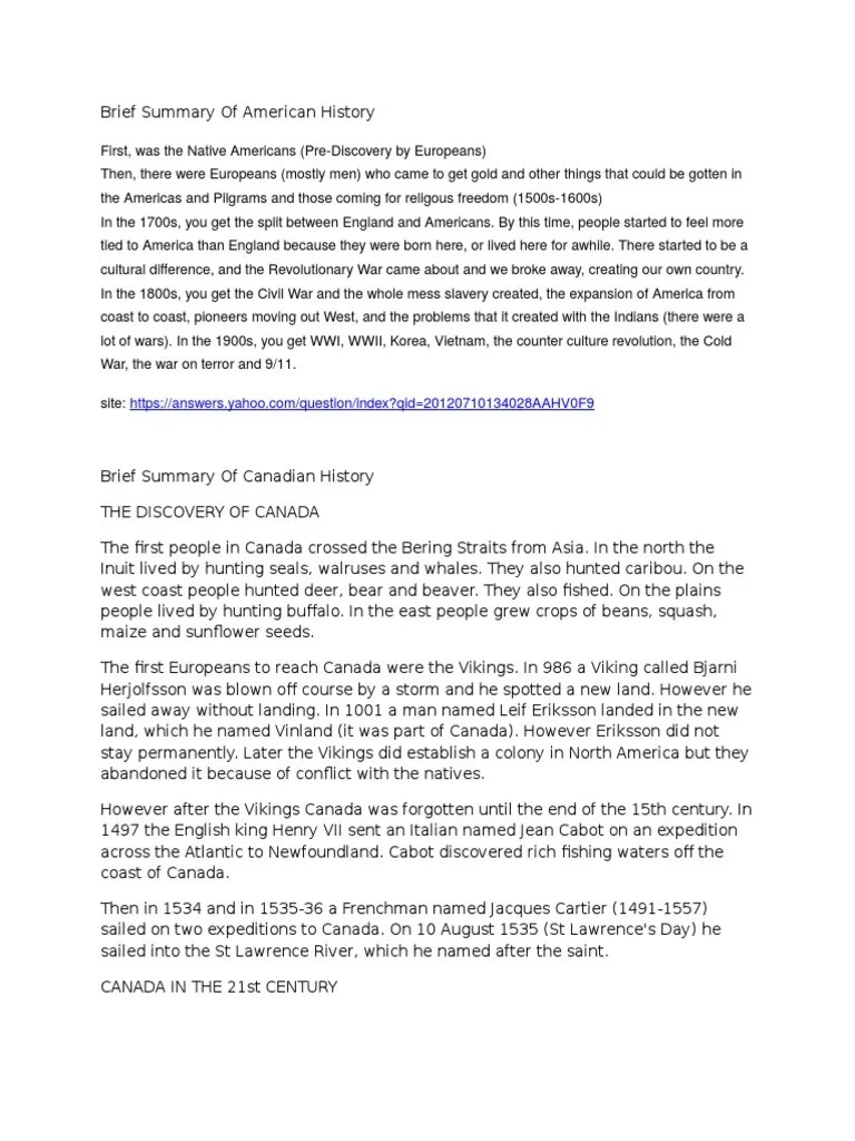 Brief Summary of American History Canada North America