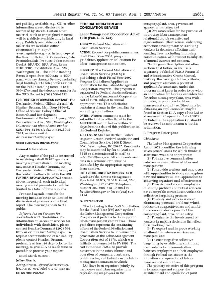 Notice Reports and Guidance Documents Availability, Etc. LaborManagement Committees Program