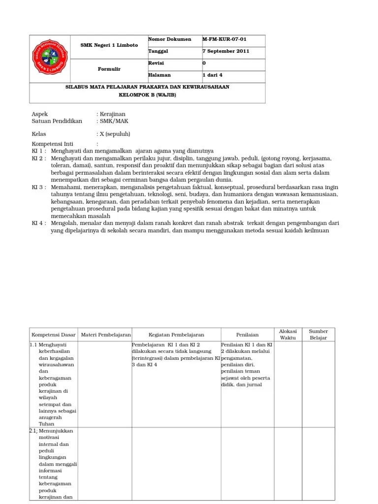 8. SILABUS Prakarya Dan Kewirausahaan Kerajinan SMK