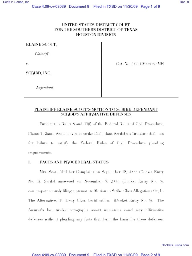 Motion To Strike Affirmative Defenses PDF Pleading Federal Rules