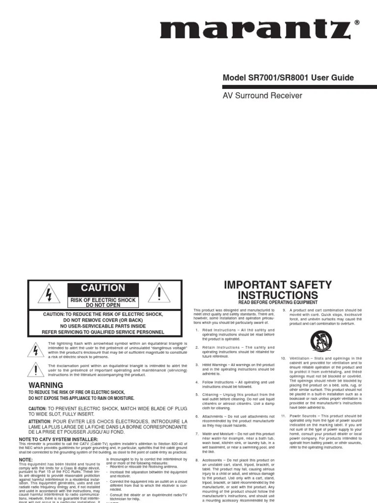 Marantz SR8001 AV Surround Receiver Amplifier User Manual PDF Ac