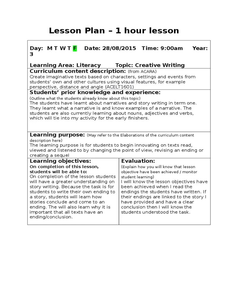 lesson plan primary 1 hour Narrative Lesson Plan