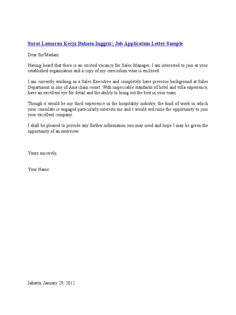 Surat Lamaran Pekerjaan Marketing Manager Dalam Bahasa Inggris