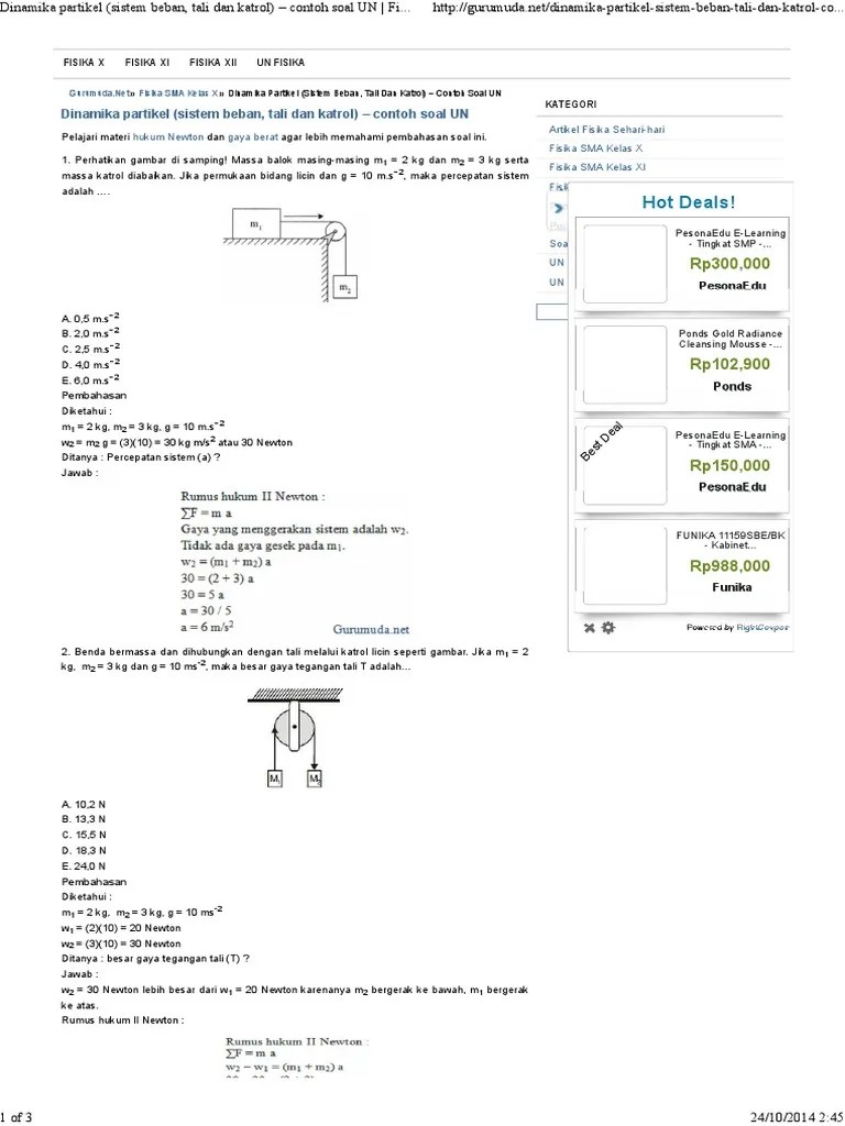 Dinamika Partikel (Sistem Beban, Tali Dan Katrol) Contoh Soal UN