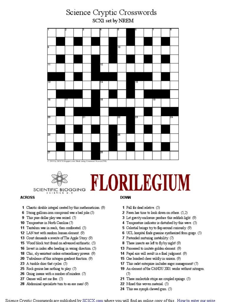 SCX1 Science Cryptic Crossword From SCICX Nature Nature